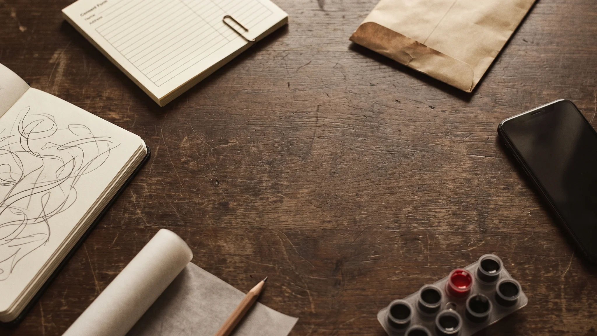 A stack of blank consent forms on a wooden table, beside a sealed paper deposit envelope, a phone lying face down, an open sketchbook of pencil linework, a roll of tracing paper and a tray of ink caps with one red among the black.